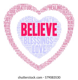 Believe word cloud on a white background.  