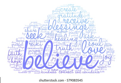 Believe word cloud on a white background.  