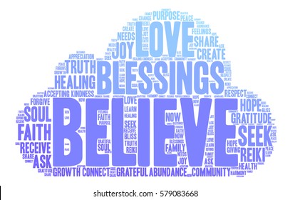 Believe word cloud on a white background.  