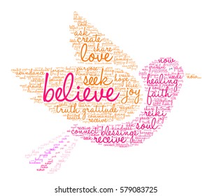 Believe word cloud on a white background.  