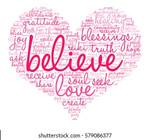 Believe word cloud on a white background.  