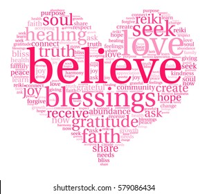 Believe word cloud on a white background.  