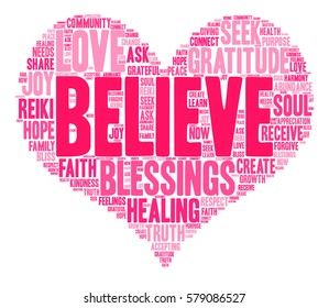 Believe word cloud on a white background.  