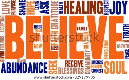 Believe word cloud on a white background. 