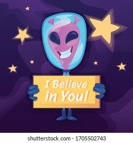 I believe in you social media post mockup. Inspirational phrase. Web banner design template. Martian with banner booster, content layout with inscription. Poster, print ads and flat illustration