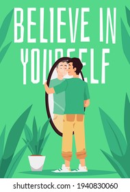 Believe in yourself banner or card with confident man, flat vector illustration.