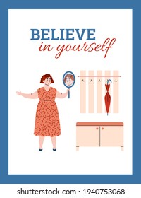Believe in yourself banner with confident woman cartoon vector illustration.