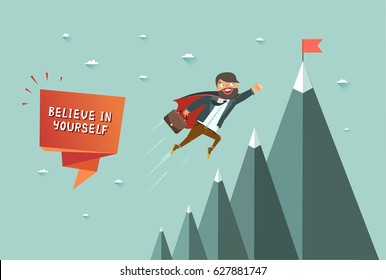 Believe in yourself concept. Superhero man flying to achieve his goal. Mountains with red flag on the top. Colorful vector illustration in flat style