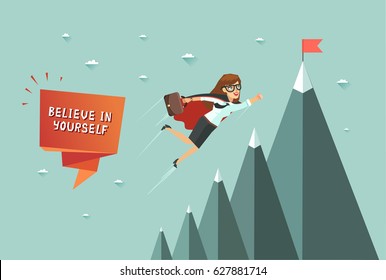 Believe in yourself concept. Superhero woman flying to achieve his goal. Mountains with red flag on the top. Colorful vector illustration in flat design style