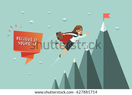 Believe in yourself concept. Superhero woman flying to achieve his goal. Mountains with red flag on the top. Colorful vector illustration in flat design style