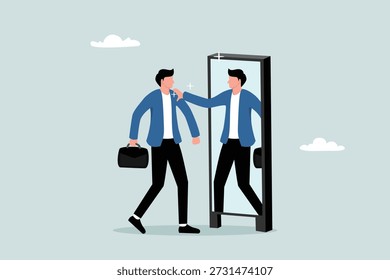 Believe in yourself to increase self-confidence, appreciate the concept of strong attitude, frustrated businessman looks at his reflection in the mirror to increase his self-confidence.