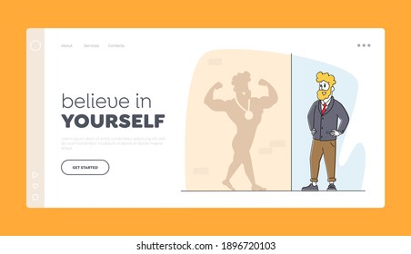 Believe in Yourself Landing Page Template. Business Man Looking on Shadow on Wall Imagine himself Sportsman Winner with Medal. Male Character Smiling, Posing, Show Biceps. Linear Vector Illustration