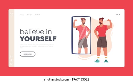 Believe in Yourself Landing Page Template. Male Character with Low Self Esteem, Self Loathing and Anger. Athlete Man Sees Weak Skinny Reflection of his Body in Mirror. Cartoon Vector Illustration