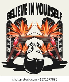 Believe in yourself. Vector hand drawn illustration of pretty swimming woman with flowers and palm leaves isolated. Template for card, poster. banner, print for t-shirt, pin, badge, patch.