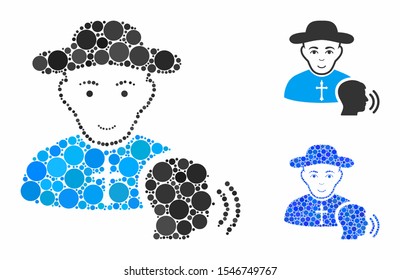 Believer confession mosaic of round dots in variable sizes and color tinges, based on believer confession icon. Vector dots are combined into blue mosaic.