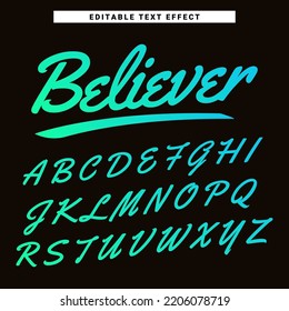 Believer Editable Text Effect Template. Alphabet Font Typography Design Set. Lettering Vector Illustration.