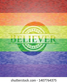 Believer emblem on mosaic background with the colors of the LGBT flag
