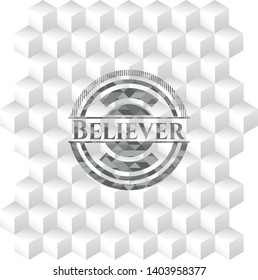 Believer realistic grey emblem with cube white background