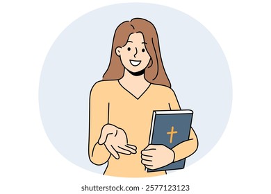 Believer woman with bible lends helping hand to people in need or invites them to christian charity organization. Girls hold book bible with catholic cross and lure parishioners in church for sermon