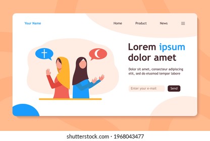 Believing Christian and Islam women praying to god. Belief, worship, church flat vector illustration. Religion and faith concept for banner, website design or landing web page