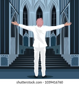 Believing man in white suit spread his arms out to the sides, standing inside Cathedral Church or Catholic Basilica. Simplified realistic hand draw comic art style. Vector illustration