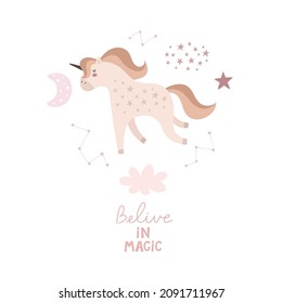 belive in magic. cartoon unicorn, hand drawing lettering, decor elements. colorful vector illustration, flat style. design for cards, t-shirt print, poster