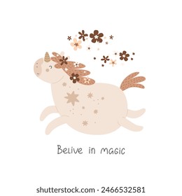 Belive in magic. Cartoon unicorn, hand drawing lettering, decor elements. Colorful vector illustration for kids, flat style. baby design for card, print, poster, cover.