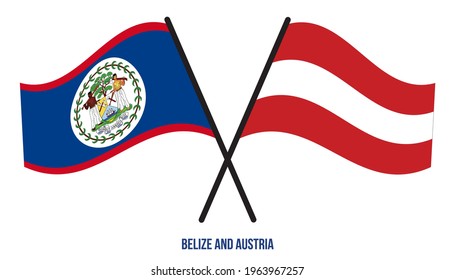 Banderas de Belice y Austria Cruzadas y ondeando estilo plano. Proporción oficial. Colores correctos.