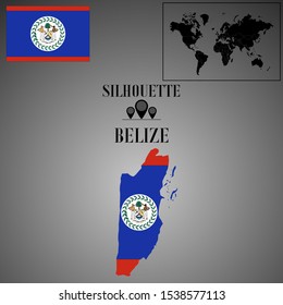 Belize, Belmopan outline world map silhouette vector illustration, creative design background, national country flag, design element, symbols from countries all continents set. 