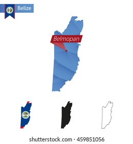 Belize blue Low Poly map with capital Belmopan, versions with flag, black and outline. Vector Illustration.