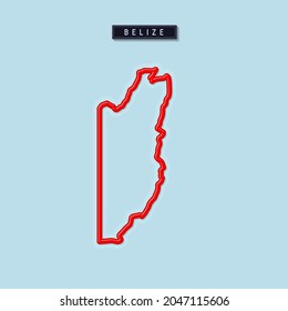 Mapa de esquema en negrita de Belice. Borde rojo brillante con sombra suave. Placa de nombre de país. Ilustración vectorial.