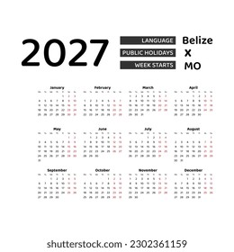 Belize Calendar 2027. Week starts from Monday. Vector graphic design. English language.