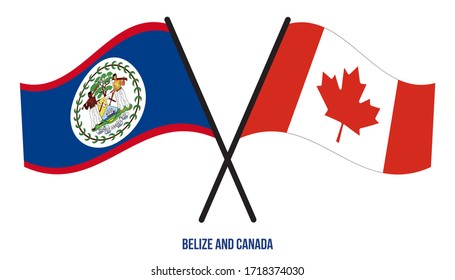 Belize and Canada Flags Crossed And Waving Flat Style. Official Proportion. Correct Colors.