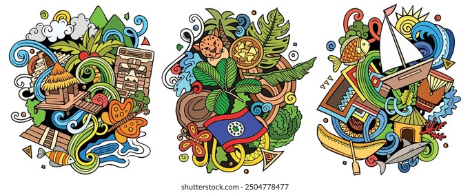 Belize cartoon vector doodle designs set. Colorful detailed compositions with lot of Belizean objects and symbols. Isolated on white illustrations