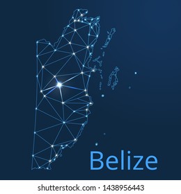 Belize communication network map. Vector low poly image of a global map with lights in the form of cities in or population density consisting of points and shapes in the form of stars and space.