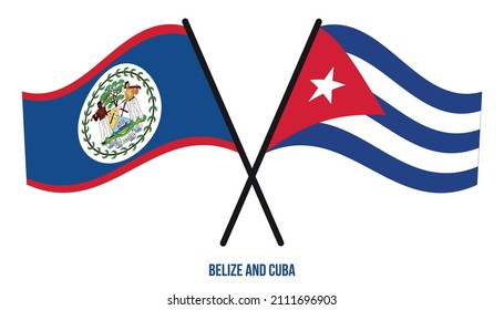 Belize and Cuba Flags Crossed And Waving Flat Style. Official Proportion. Correct Colors.