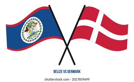 Banderas de Belice y Dinamarca Cruzadas y ondeando estilo plano. Proporción oficial. Colores correctos.