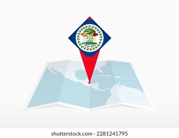 Belize is depicted on a folded paper map and pinned location marker with flag of Belize. Folded vector map.