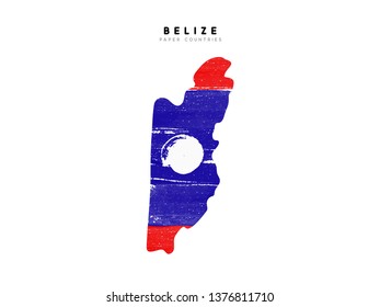 Belize detailed map with flag of country. Painted in watercolor paint colors in the national flag.