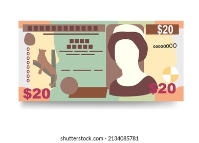 Belize Dollar Vector Illustration. Belizean money set bundle banknotes. Paper money 20 BZD. Flat style. Isolated on white background. Simple minimal design.