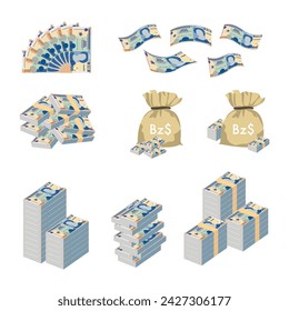 Belize Dollar Vector Illustration. Huge packs of Belizean money set bundle banknotes. Bundle with cash bills. Deposit, wealth, accumulation and inheritance. Falling money 100 BZD