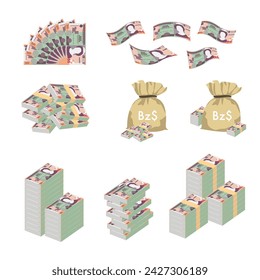 Belize Dollar Vector Illustration. Huge packs of Belizean money set bundle banknotes. Bundle with cash bills. Deposit, wealth, accumulation and inheritance. Falling money 50 BZD