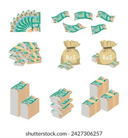 Belize Dollar Vector Illustration. Huge packs of Belizean money set bundle banknotes. Bundle with cash bills. Deposit, wealth, accumulation and inheritance. Falling money 1 BZD