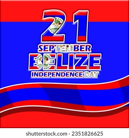 Belize Fahne mit großer Zahl, kühlem Text und Band auf blauem und rotem Hintergrund zum Gedenken an den Belize Independence Day am 21. September