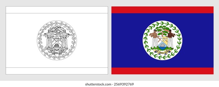 Belize flag - coloring page. Set of white wireframe thin black outline flag and original colored flag.