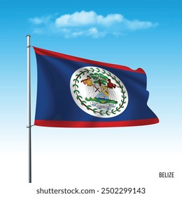 Belize flag flying on blue sky, vector illustation.