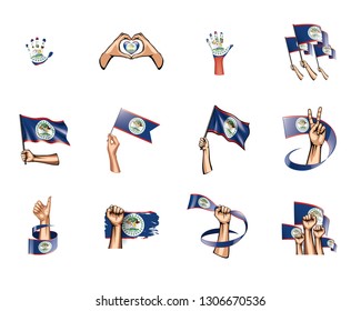 Belize flag and hand on white background. Vector illustration