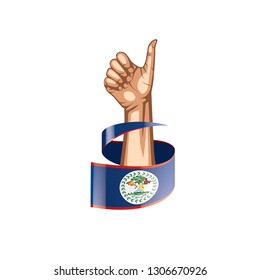Belize flag and hand on white background. Vector illustration
