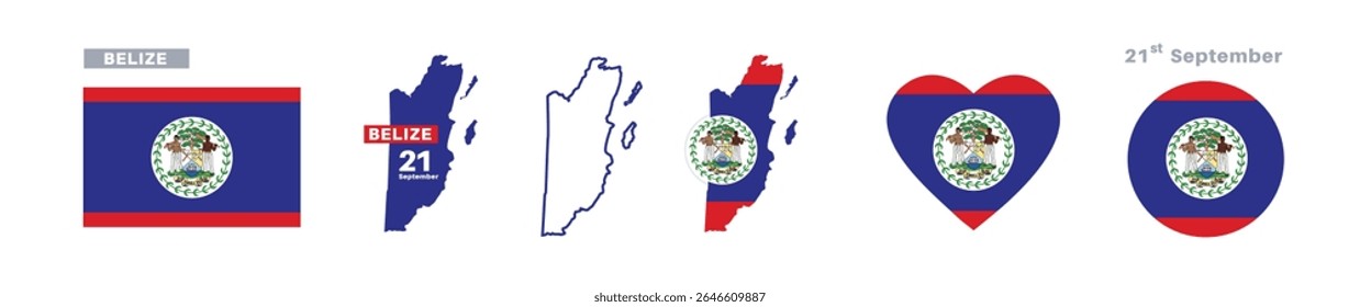 belize flag and map set. belize flag in official colors and proportions. dia da independência 21 de setembro , mapa, círculo e coração em forma de belize	