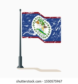 Belize flag with scratches, vector flag of Belize waving on flagpole with shadow.